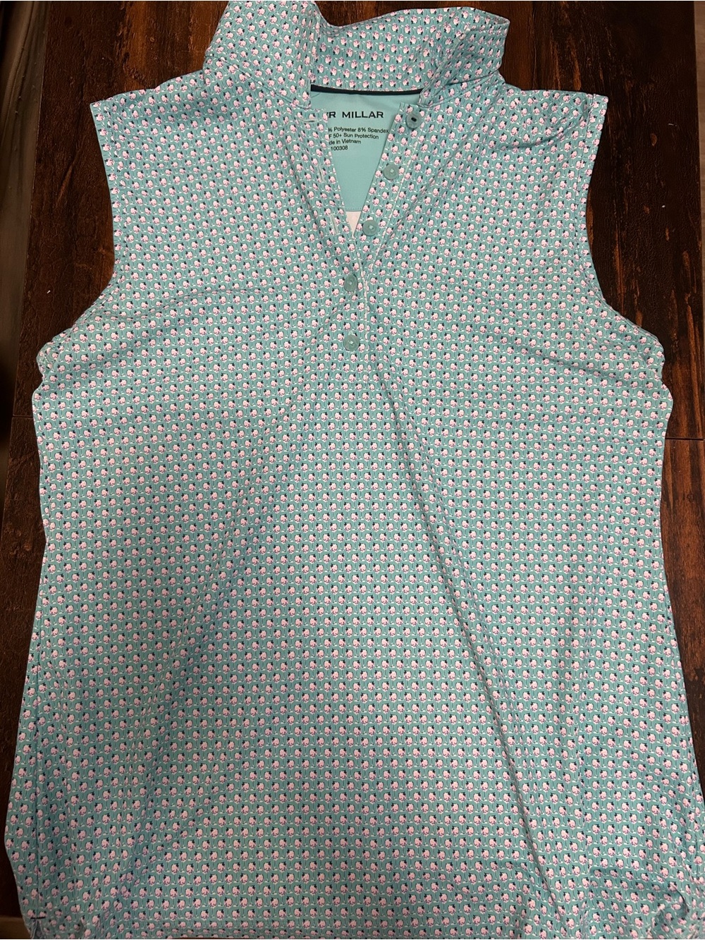 Peter Millar Mint and Pink Geo Print Sleeveless Polo Top